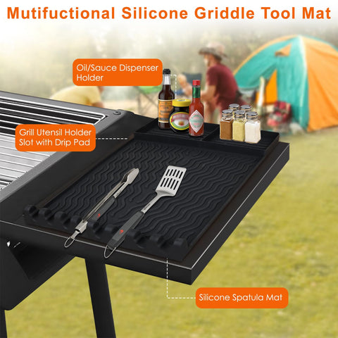 FRDEV silicone griddle mat includes spatula and tong slots for organized tools