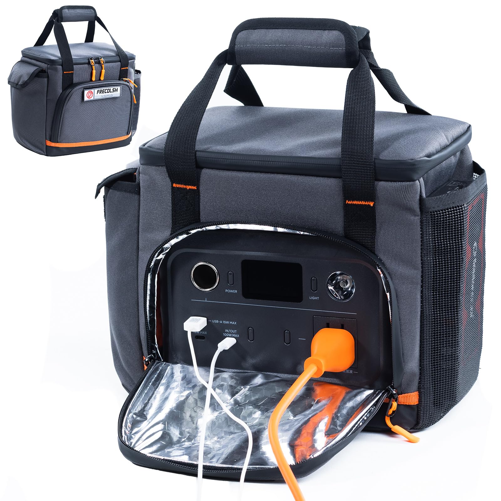 FRECOLSH travel case for Jackery Explorer 300/240/160, front pocket keeps essentials organized on the go.