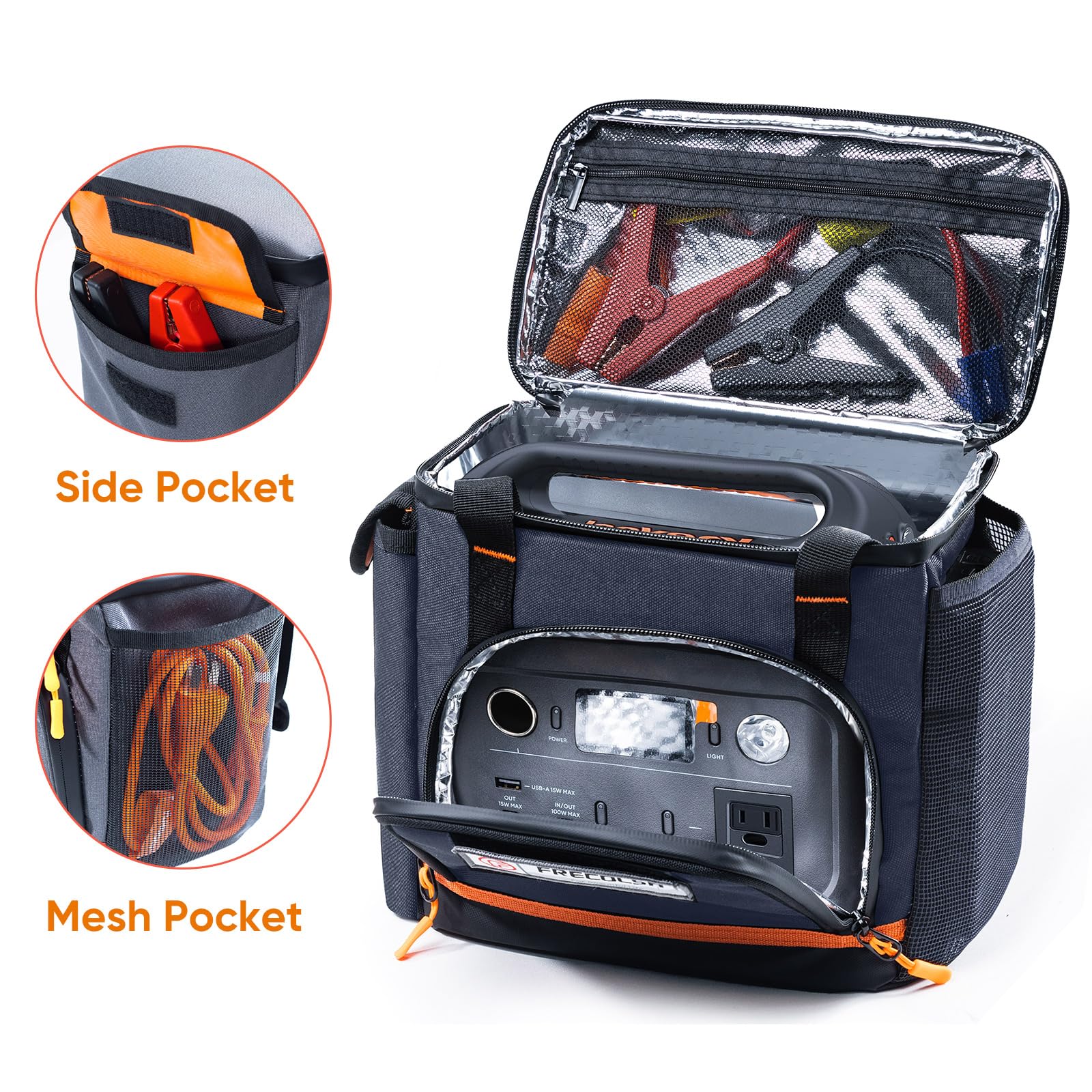 FRECOLSH case with waterproof bottom protects the power station during travel.