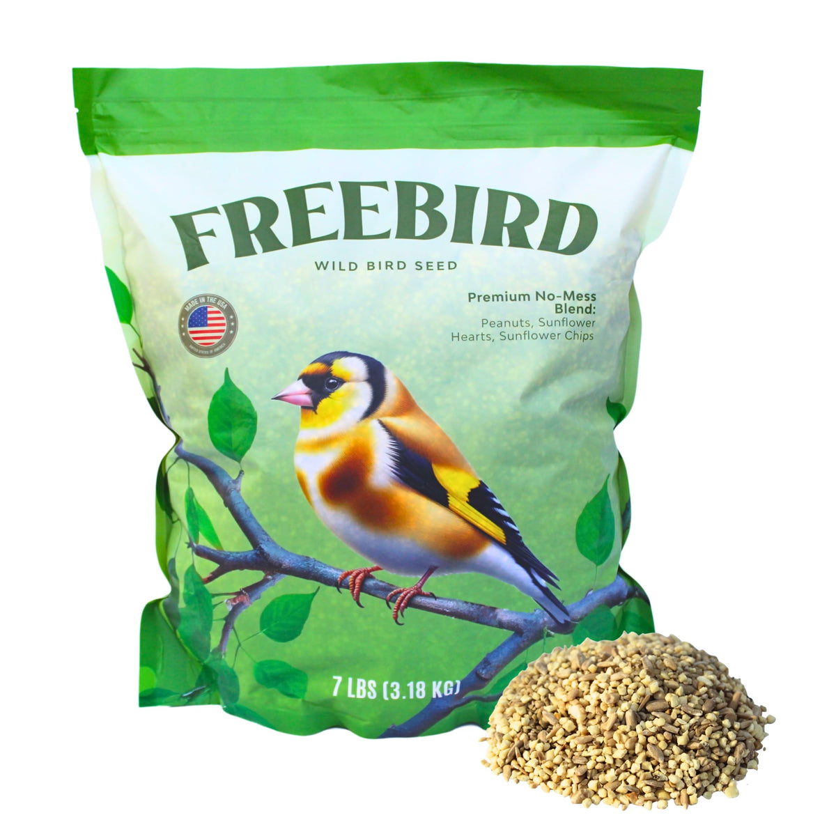 FREEBIRD no-mess seed bag front view for clean yard feeding