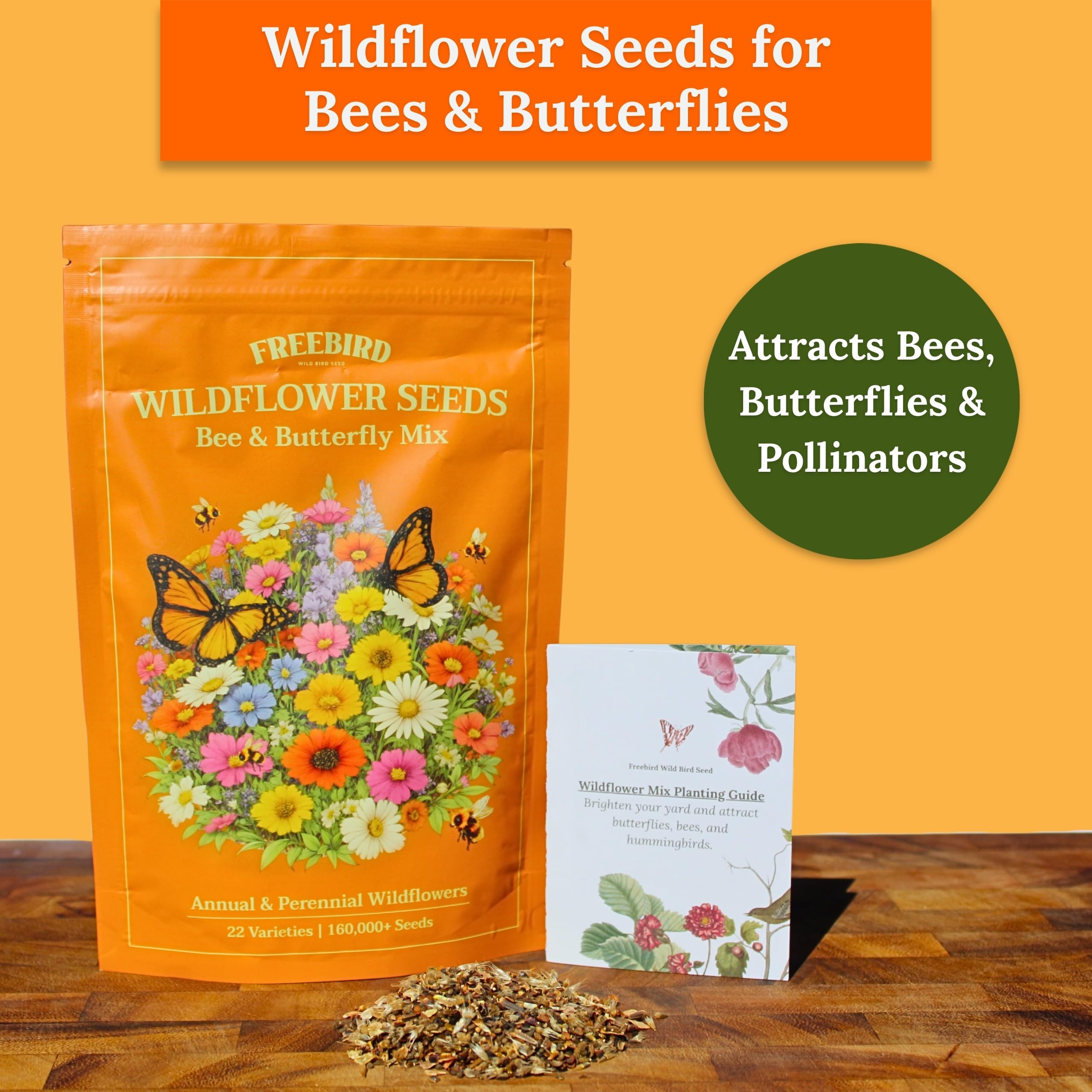 FREEBIRD Wild Bird Seed wildflower close-up emphasizes a dense, nectar-rich seed mix.