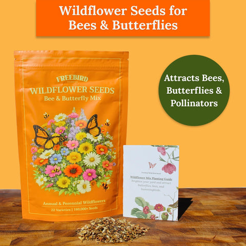 FREEBIRD Wild Bird Seed wildflower close-up emphasizes a dense, nectar-rich seed mix.