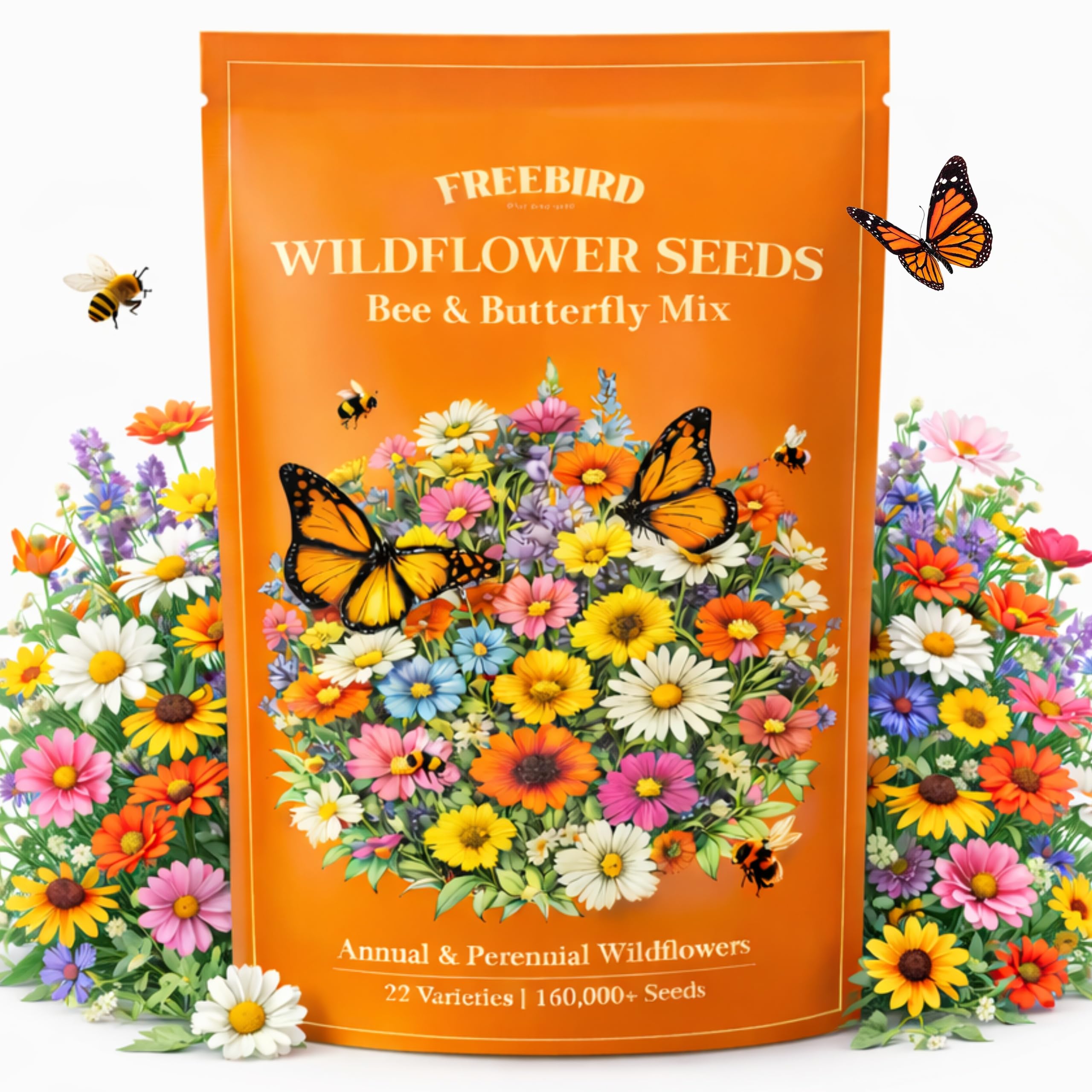 FREEBIRD Wild Bird Seed packaging showcases a 4 oz wildflower mix for pollinators.