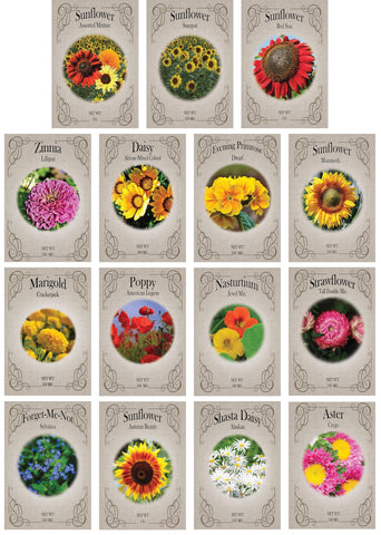 Freedom Farms Set 15 premium flower seed packets cover with heirloom varieties for a colorful garden.