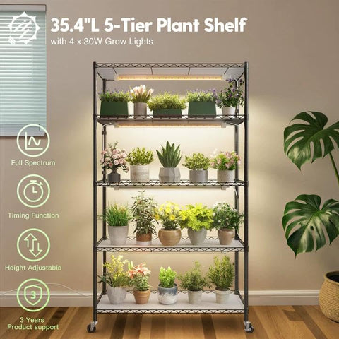 FREELICHT plant shelf side view showing sturdy frame and mobility wheels
