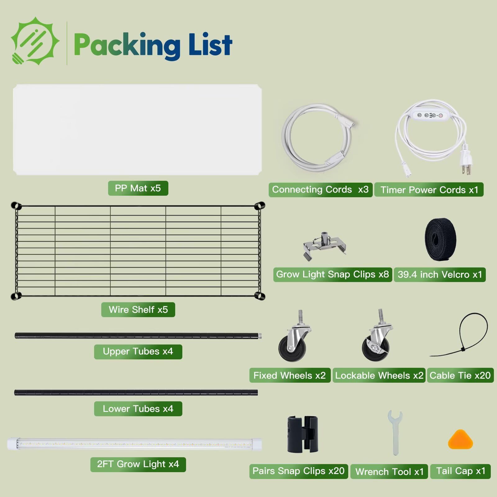 FREELICHT all-in-one kit includes cords, shelves, and hardware for quick assembly.