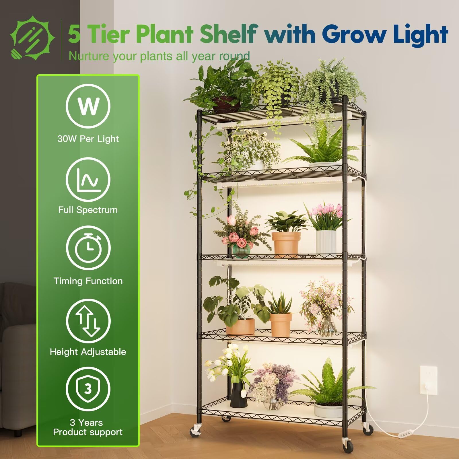 FREELICHT grow lights on shelf provide even 30W LED illumination for healthy seedlings.