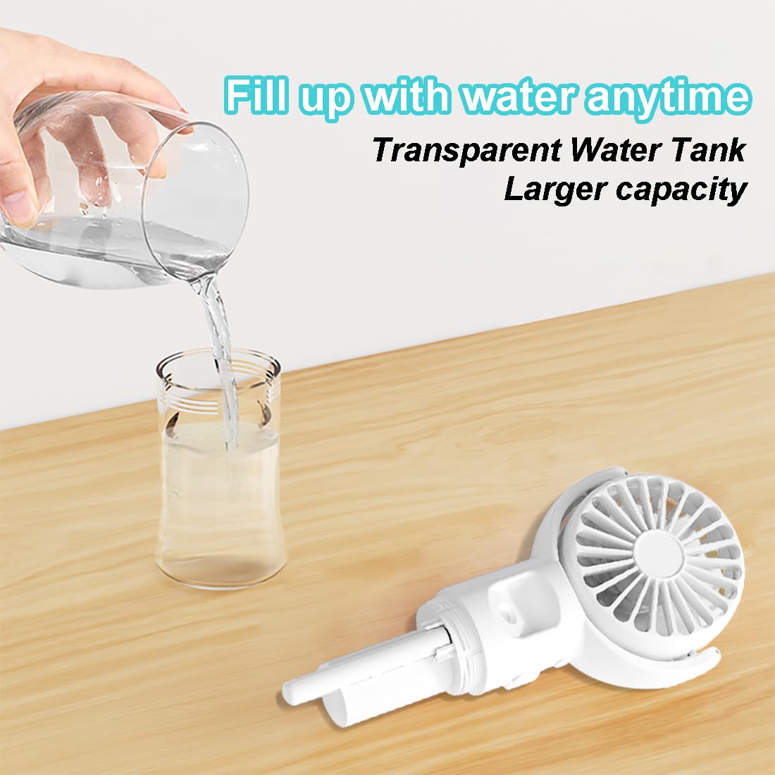 Frelisiy misting fan 55ml water tank enables extended mist.