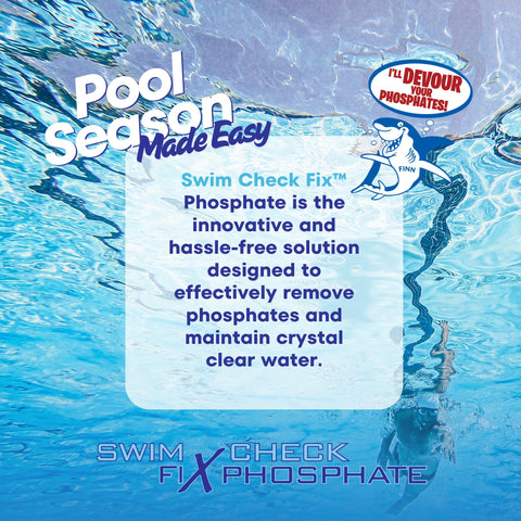 Freshwater pool maintenance using Swim Check Fix phosphate tablets.