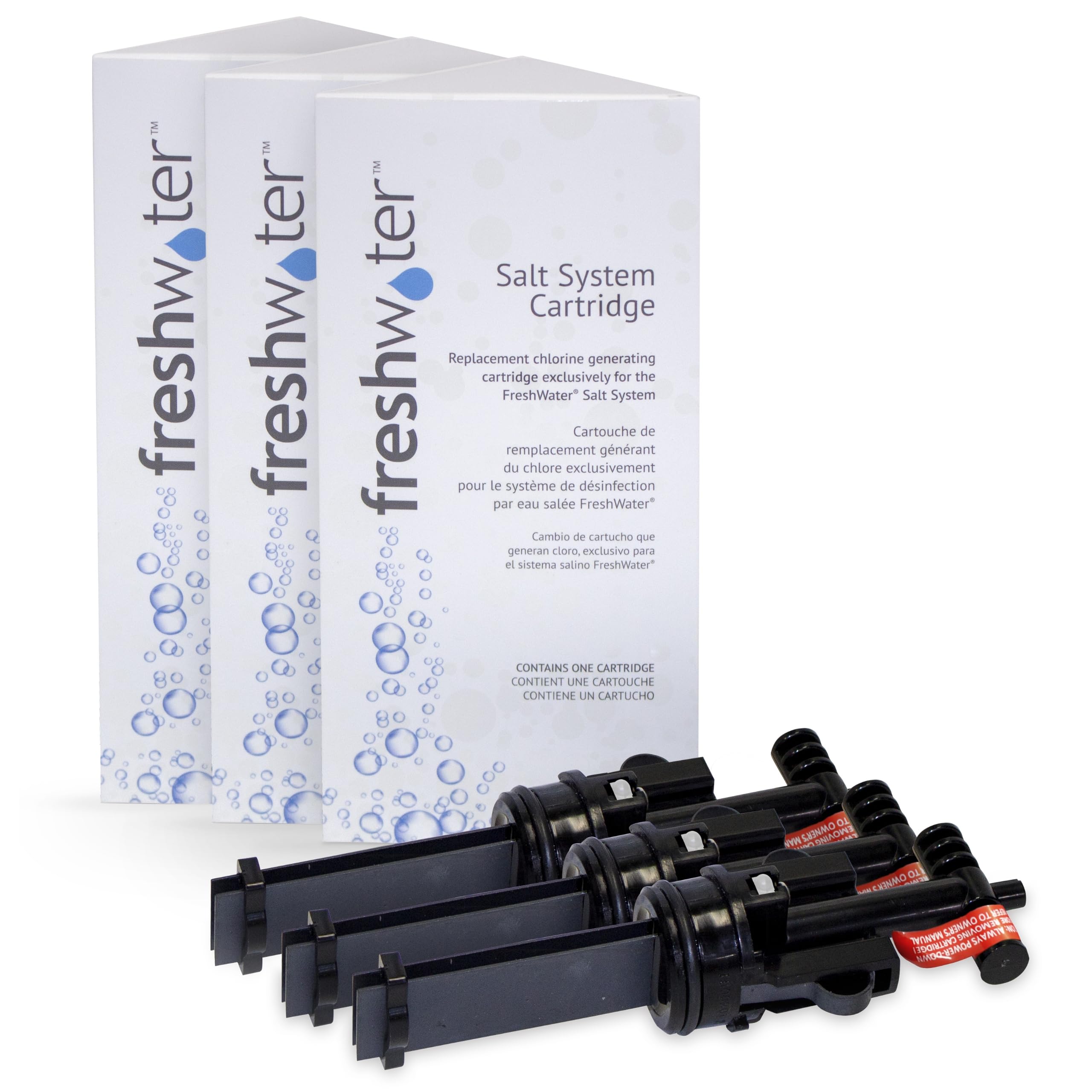 FreshWater salt system cartridge pack front view showing easy spa maintenance benefits