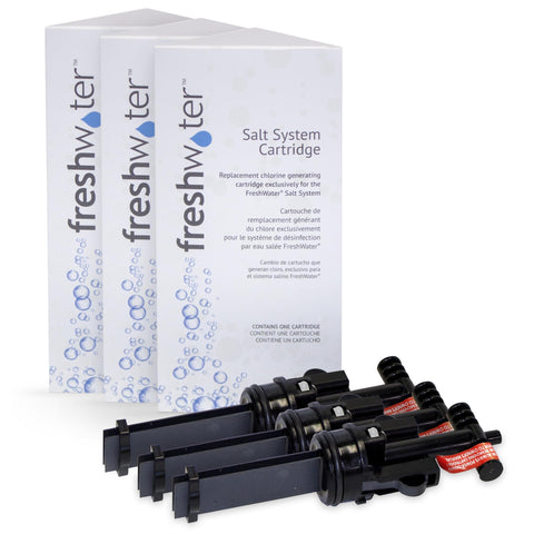 FreshWater salt system cartridge pack front view showing easy spa maintenance benefits