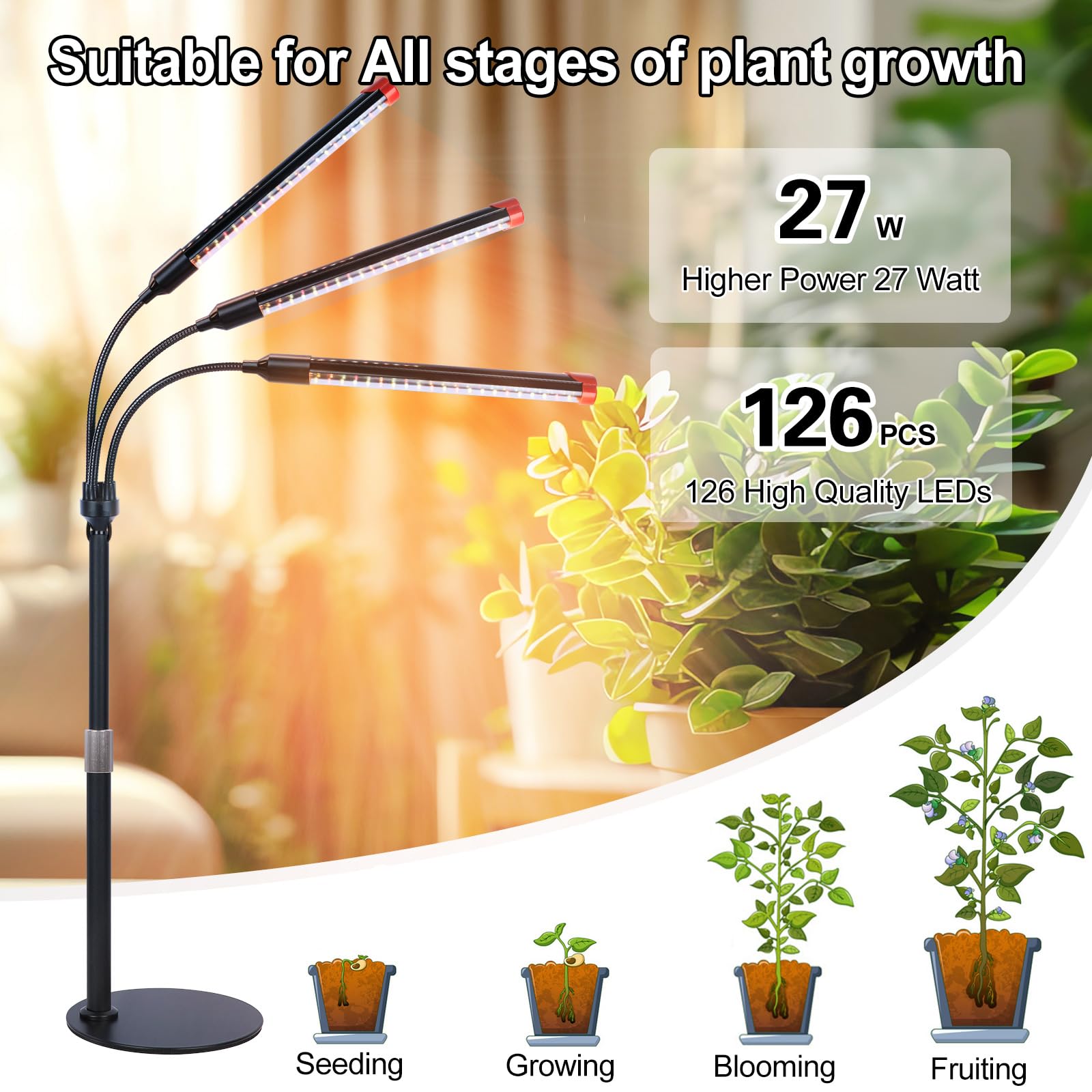 FRGROW 3Head full-spectrum light supports vibrant indoor plant growth.