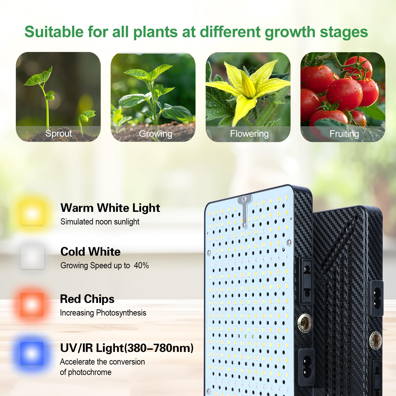 FRGROW full-spectrum lighting provides gentle light for seedlings and leafy greens.