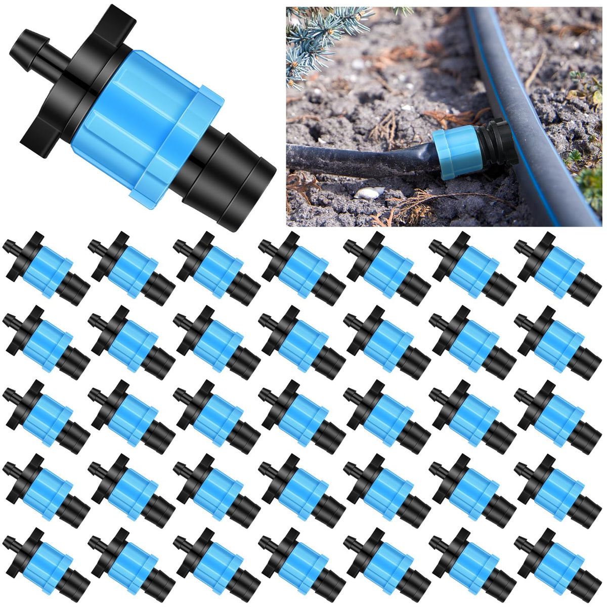 Frienda 50-pcs drip irrigation kit with 1/4-inch barb for even water distribution in gardens.