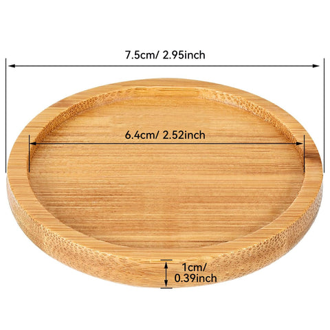 Frienda bamboo round plant saucer in natural wood color complements pots and decor.