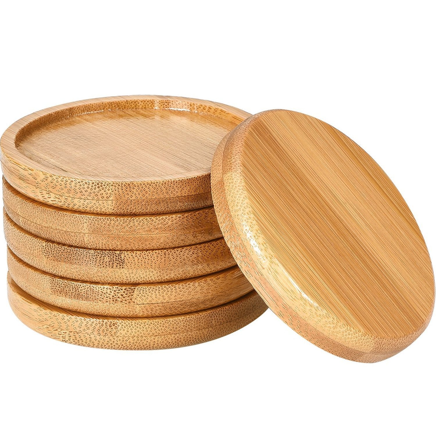 Frienda bamboo round plant saucer with raised edge catches excess water and soil spills.