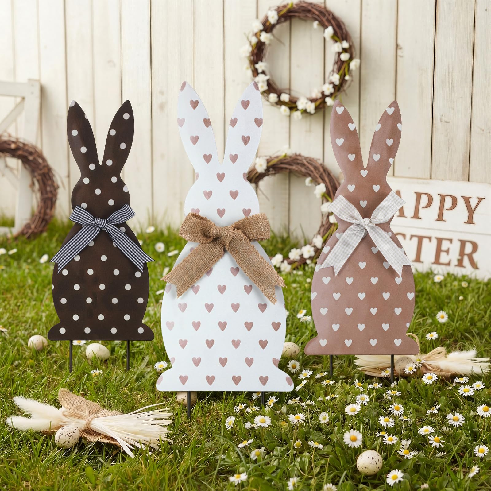 Frienda Easter Bunny garden stake in brown and white adds rustic charm for curb appeal.