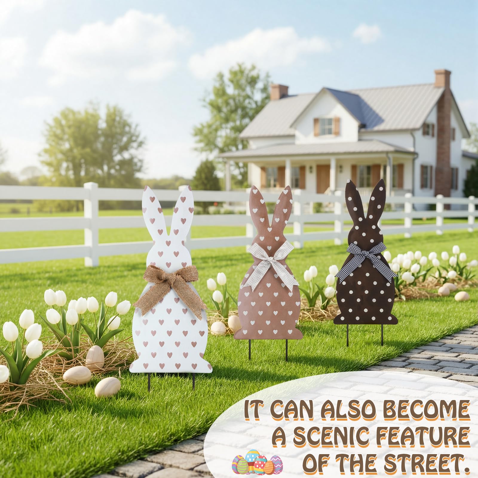 Rust-resistant coating preserves color in spring weather on Frienda bunny stakes.