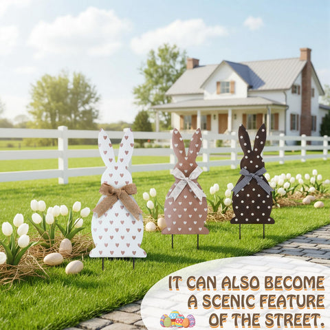 Rust-resistant coating preserves color in spring weather on Frienda bunny stakes.