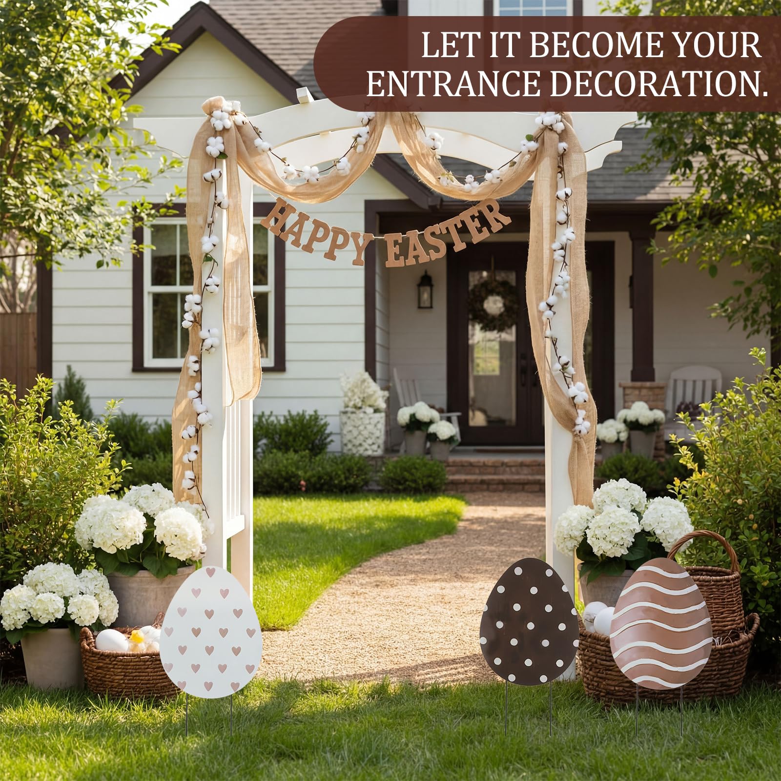 Frienda Farmhouse-style Easter egg yard sign enhances front yard rustic appeal.