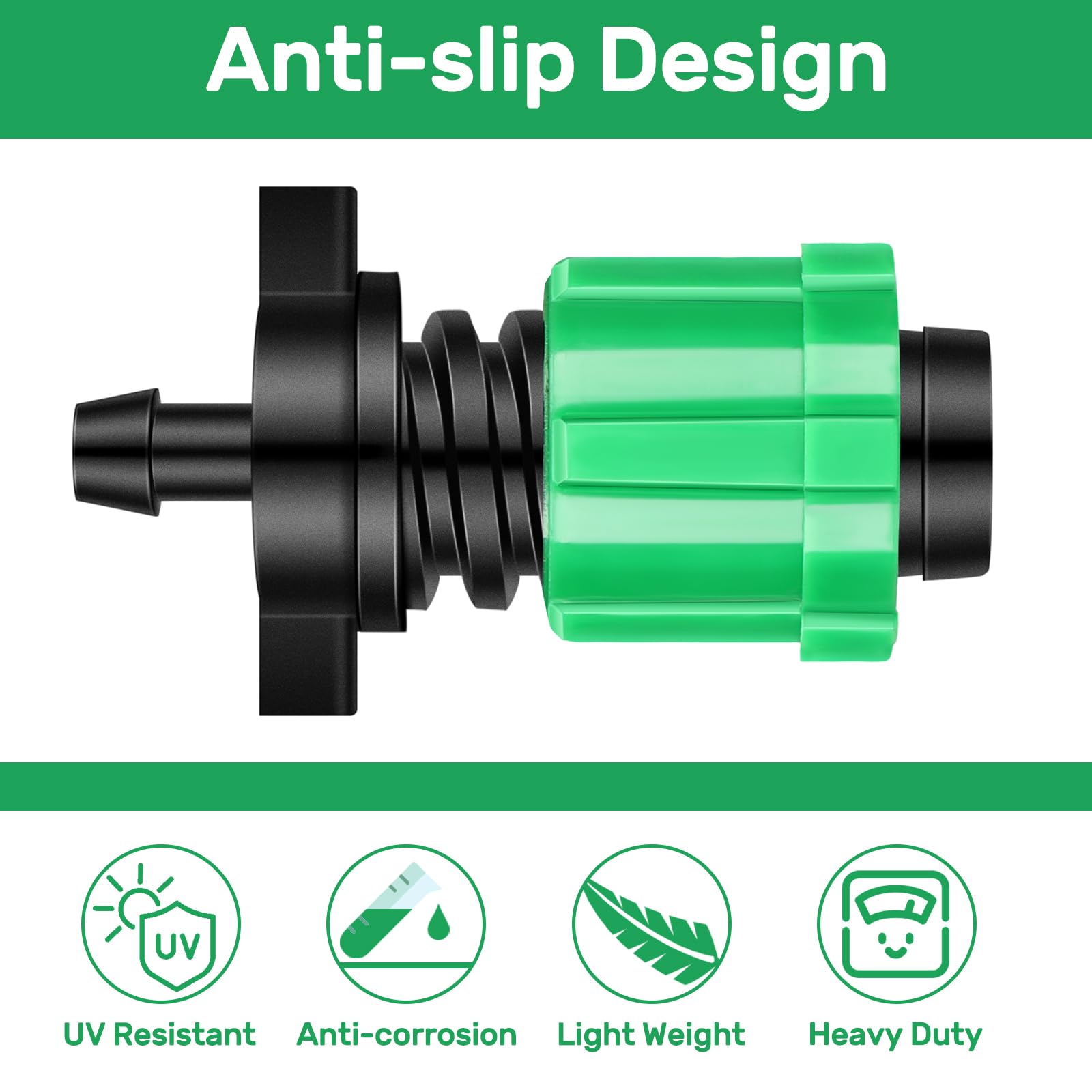 Frienda green irrigation fitting stands out for quick garden identification.