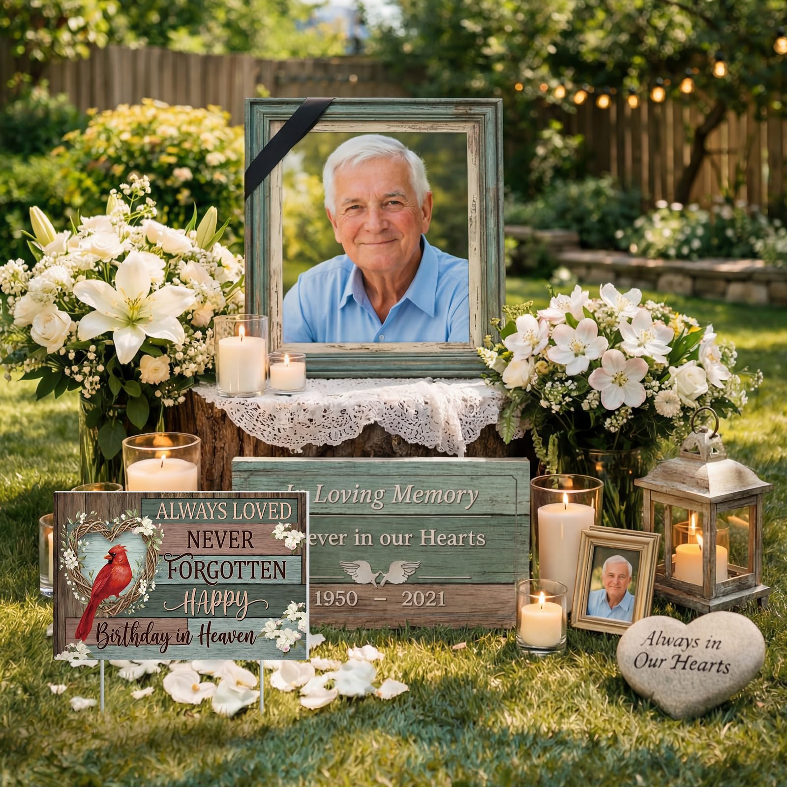 Frienda backyard garden display yard sign, easy setup for memorial moments.
