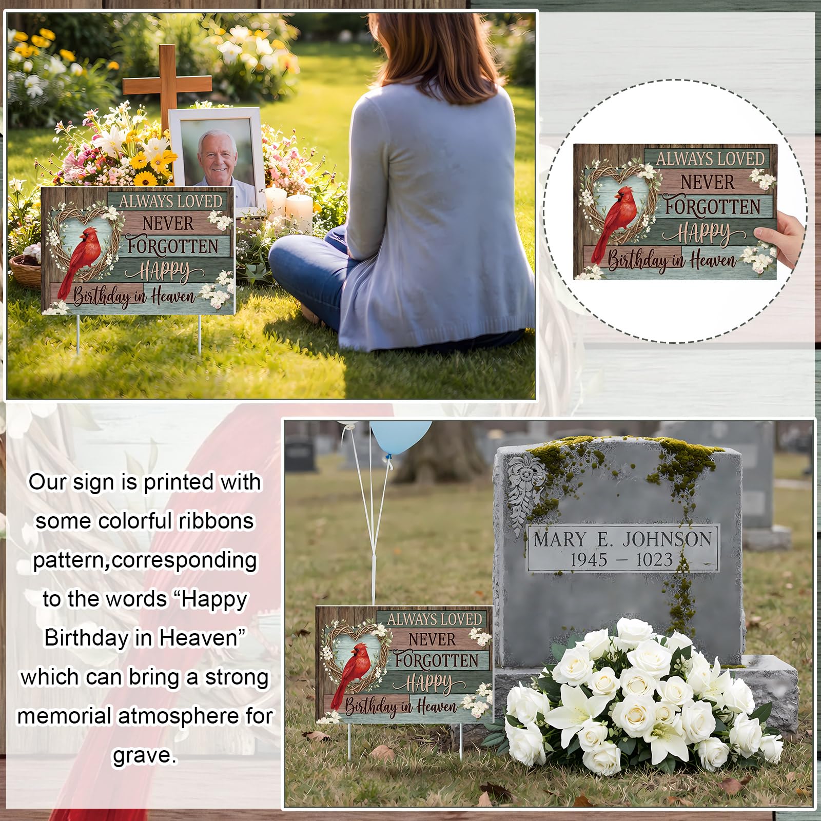 Frienda packaging includes stakes, ready-to-use cemetery memorial sign.