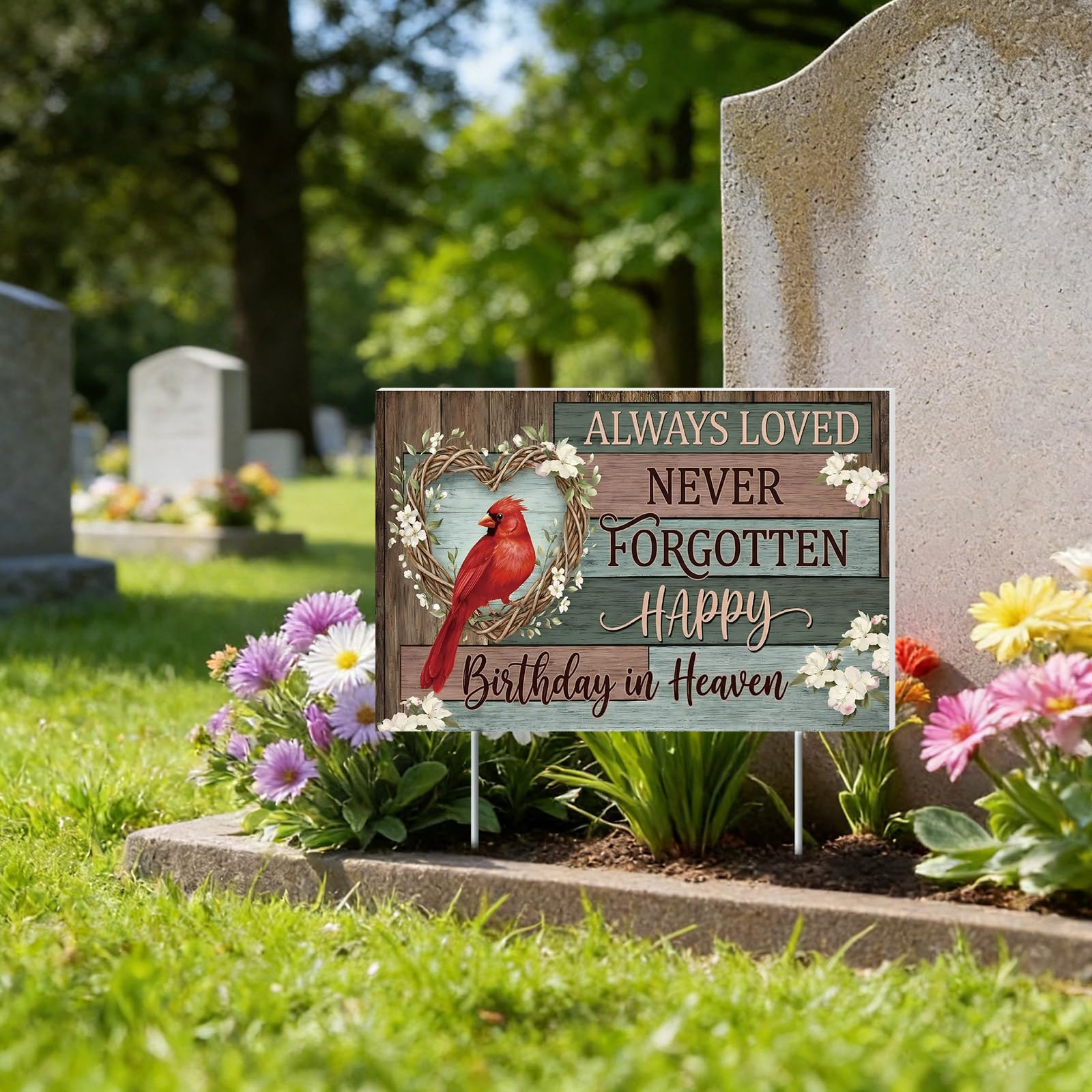 Frienda Happy Birthday in Heaven yard sign with stake, durable outdoor memorial.