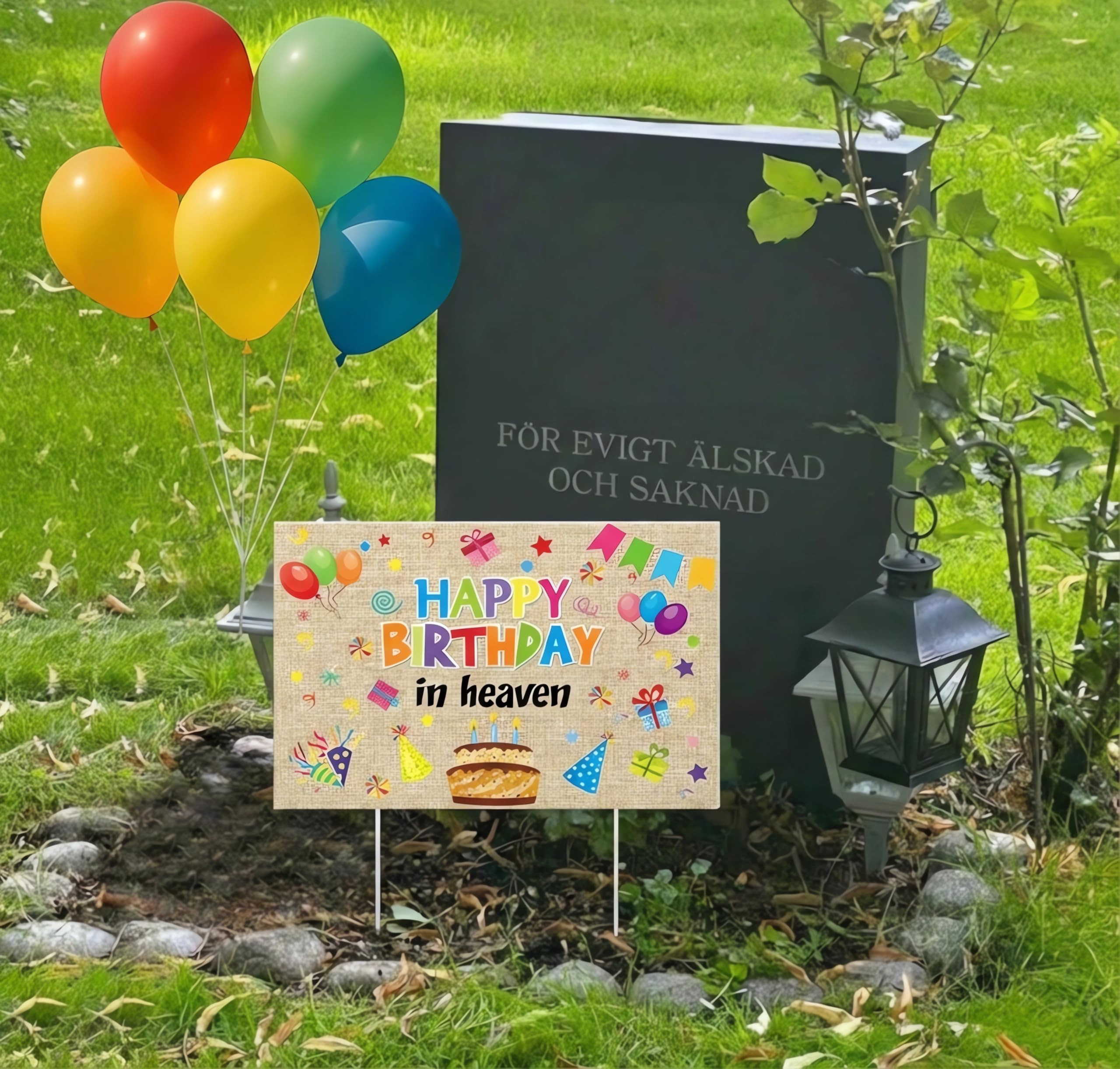 Frienda Happy Birthday in Heaven yard sign with stake shows colorful ribbons for memorial displays.