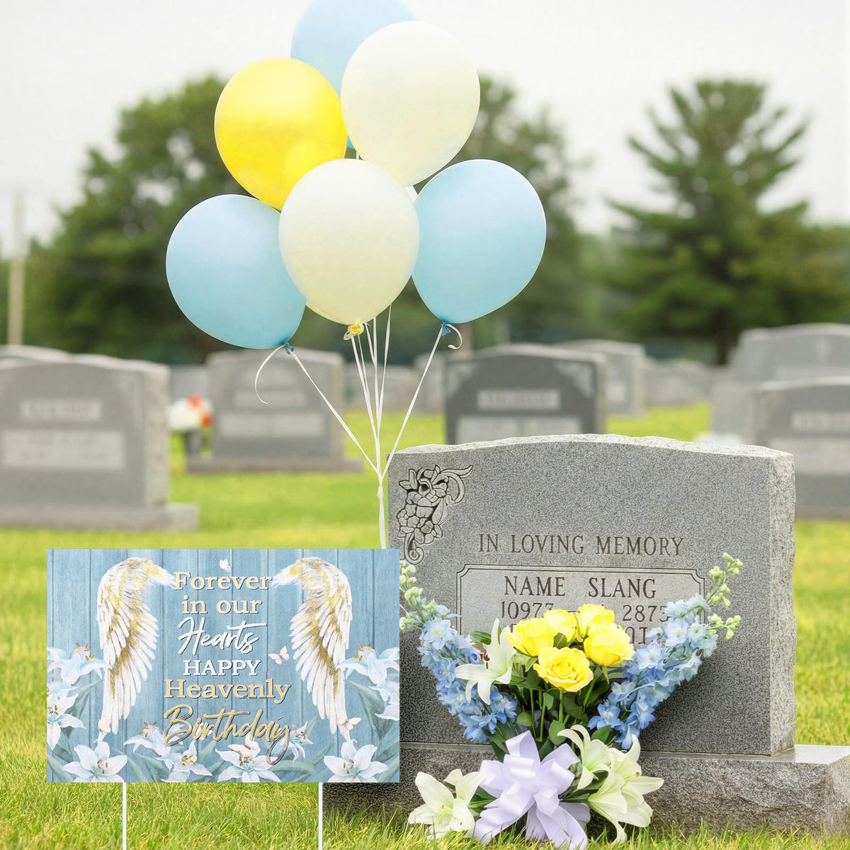 Frienda Happy Birthday in Heaven yard sign with colorful ribbons for grave displays