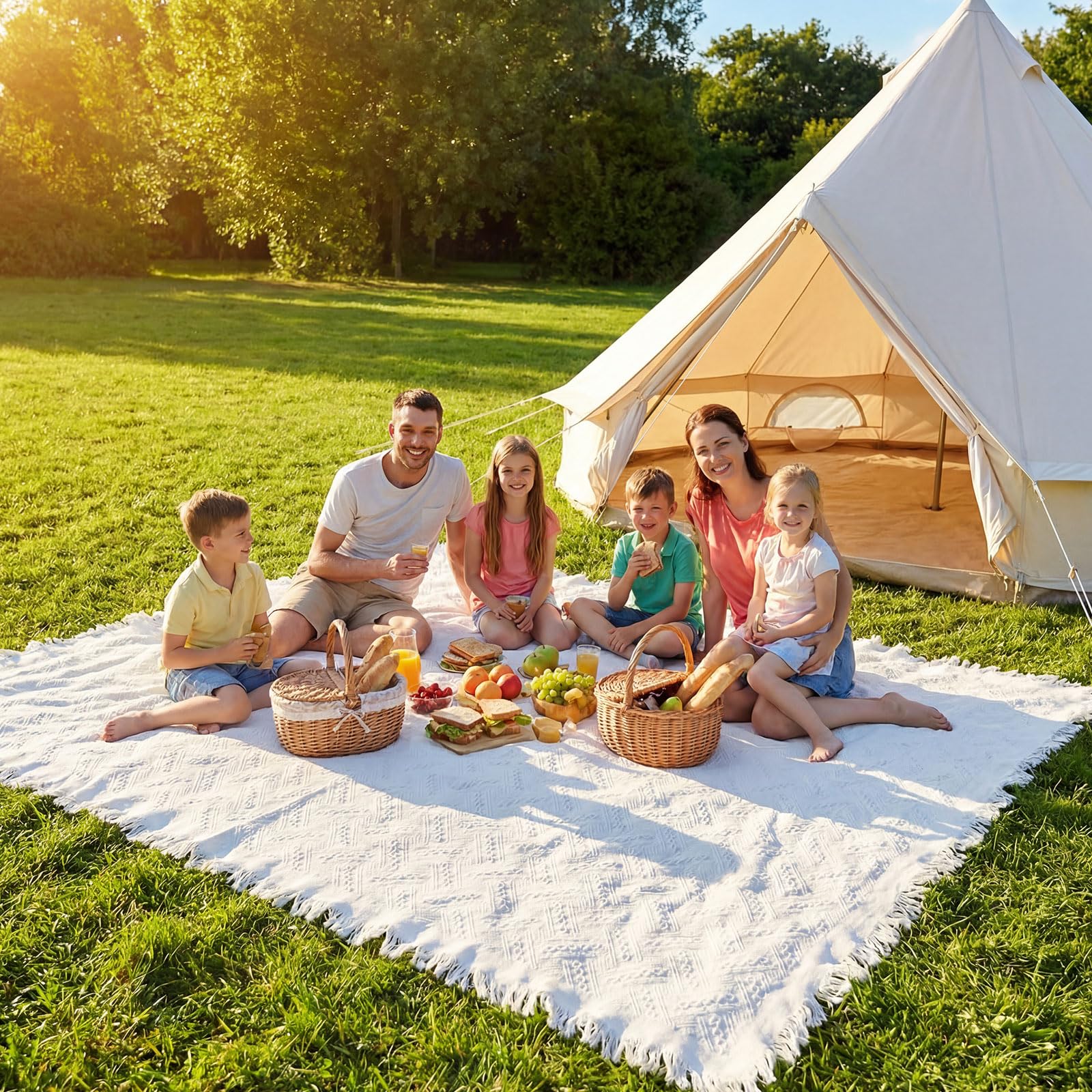 Frienda lawn picnic setup with large blanket ready for friends.