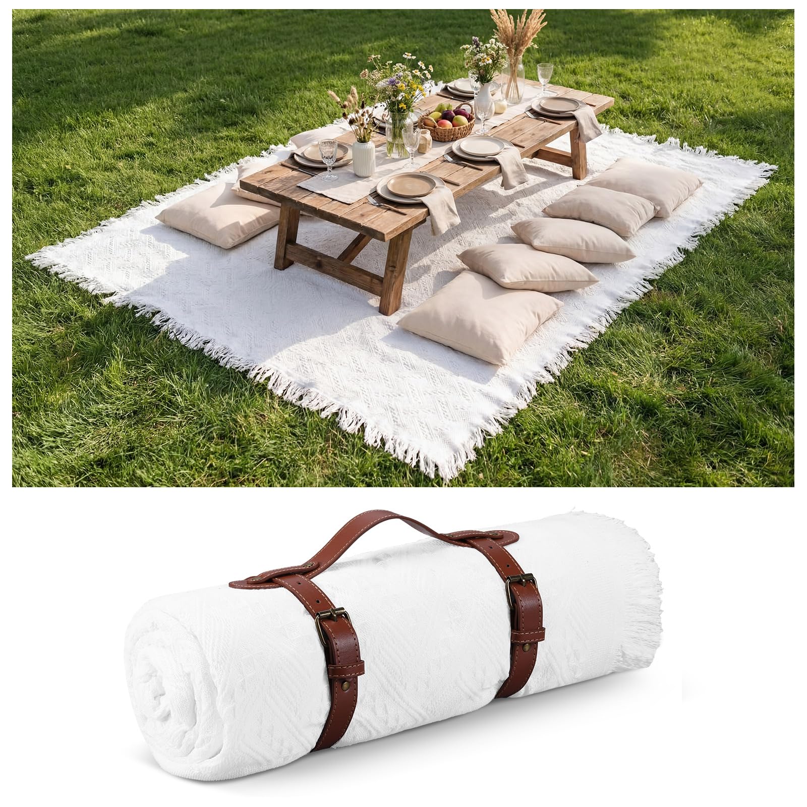 Frienda white 70x120 outdoor picnic blanket laid flat for a large lawn meal.