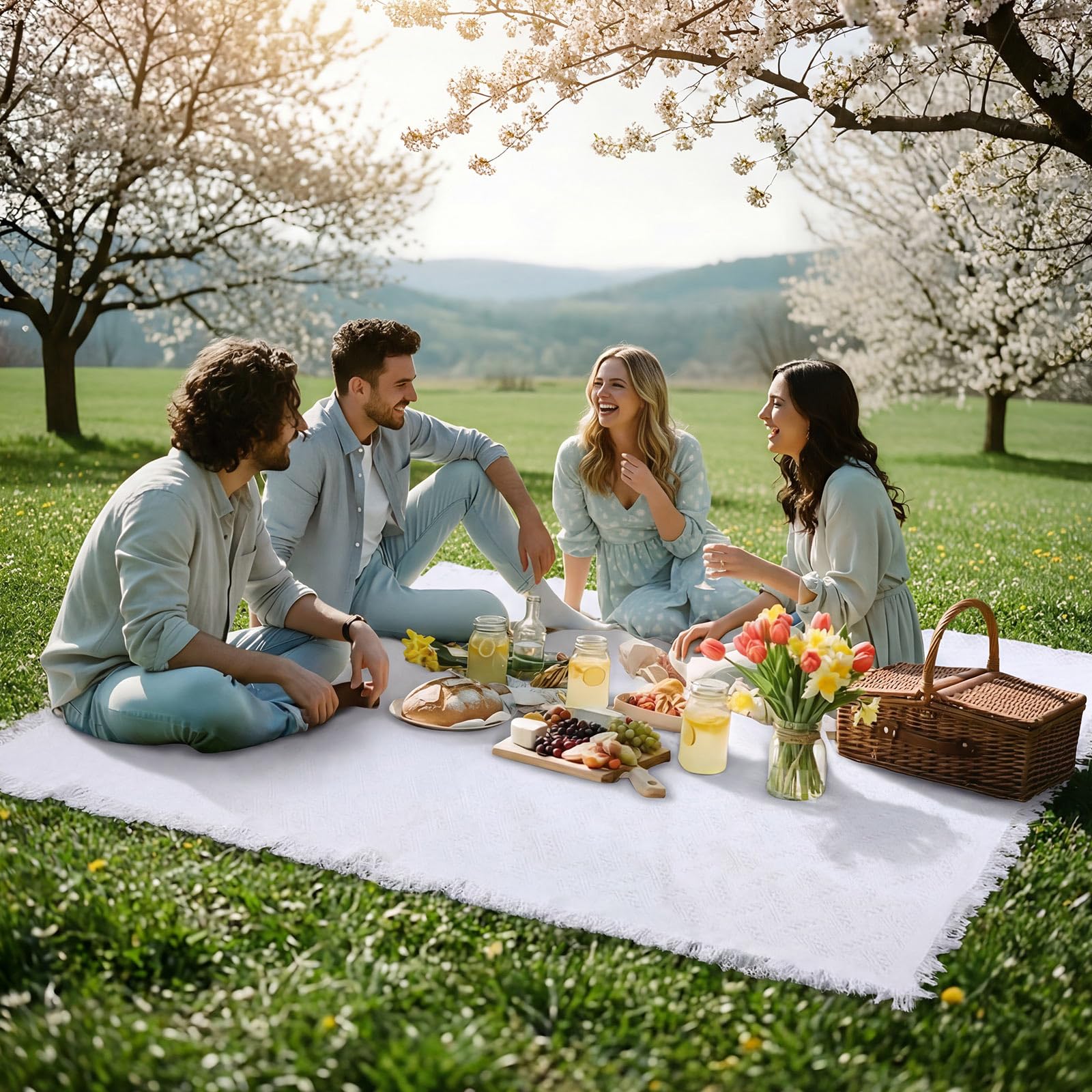 Frienda portable folded blanket with leather strap in compact carry.