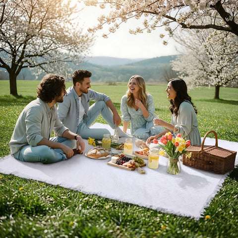 Frienda portable folded blanket with leather strap in compact carry.