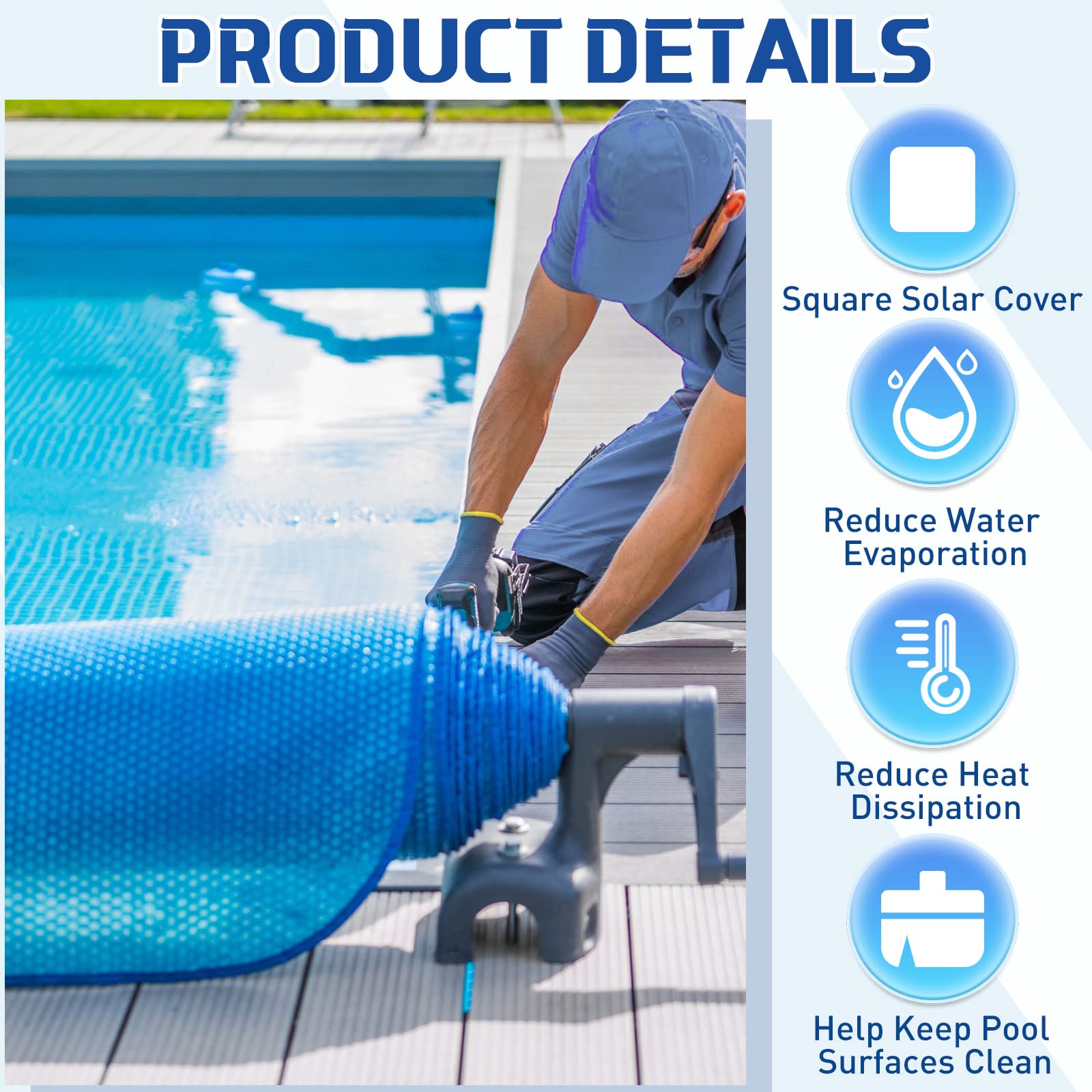 Frienda thermal blanket for pools enhances heat retention for longer swims.
