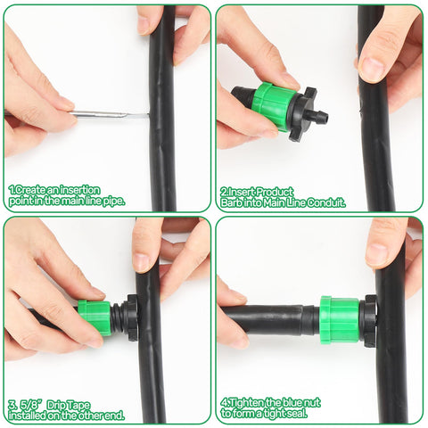 Frienda twist-lock drip line connector provides tight, leak-resistant connections.