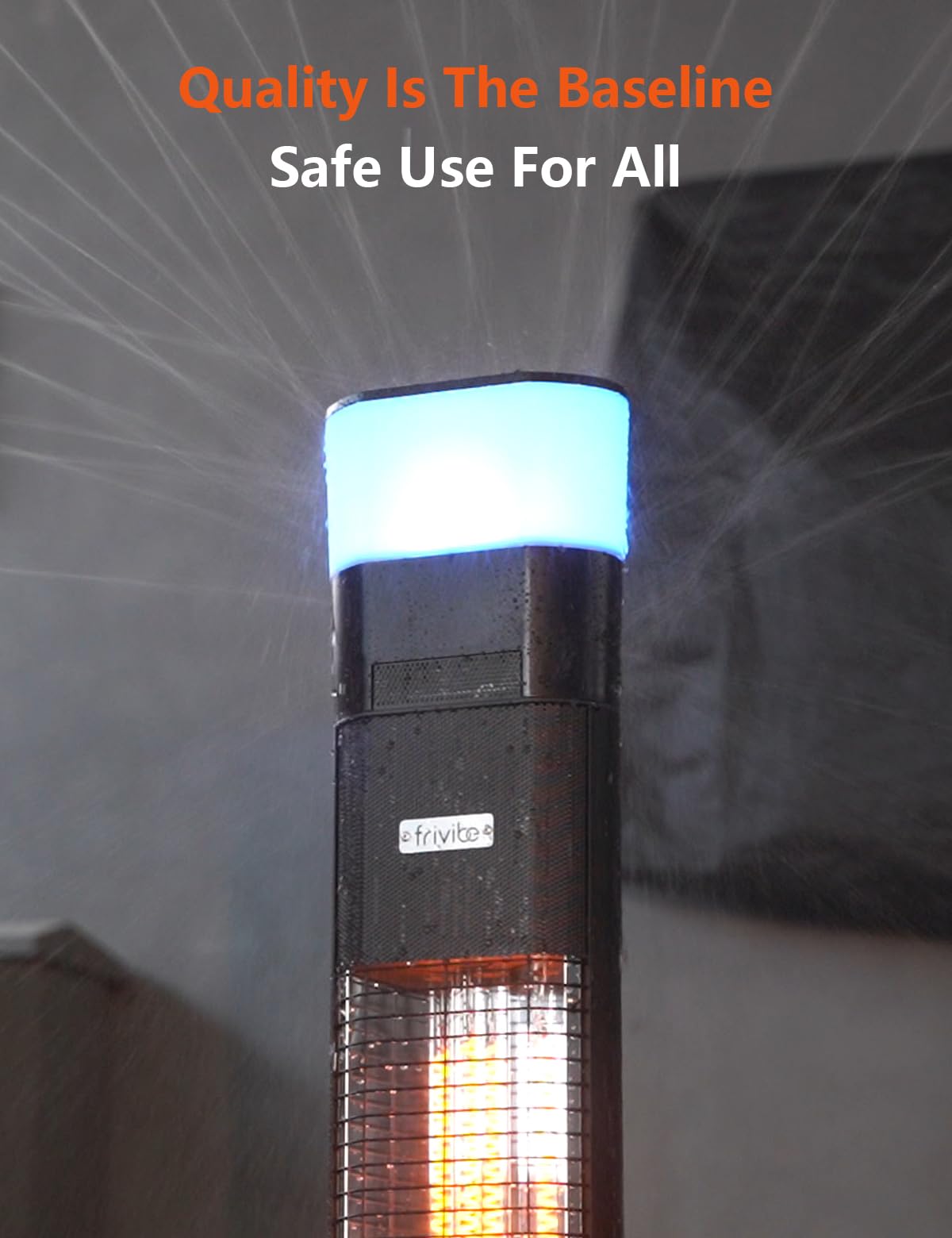 Frivibe portable standing tower fits patios, garages, and sunrooms.