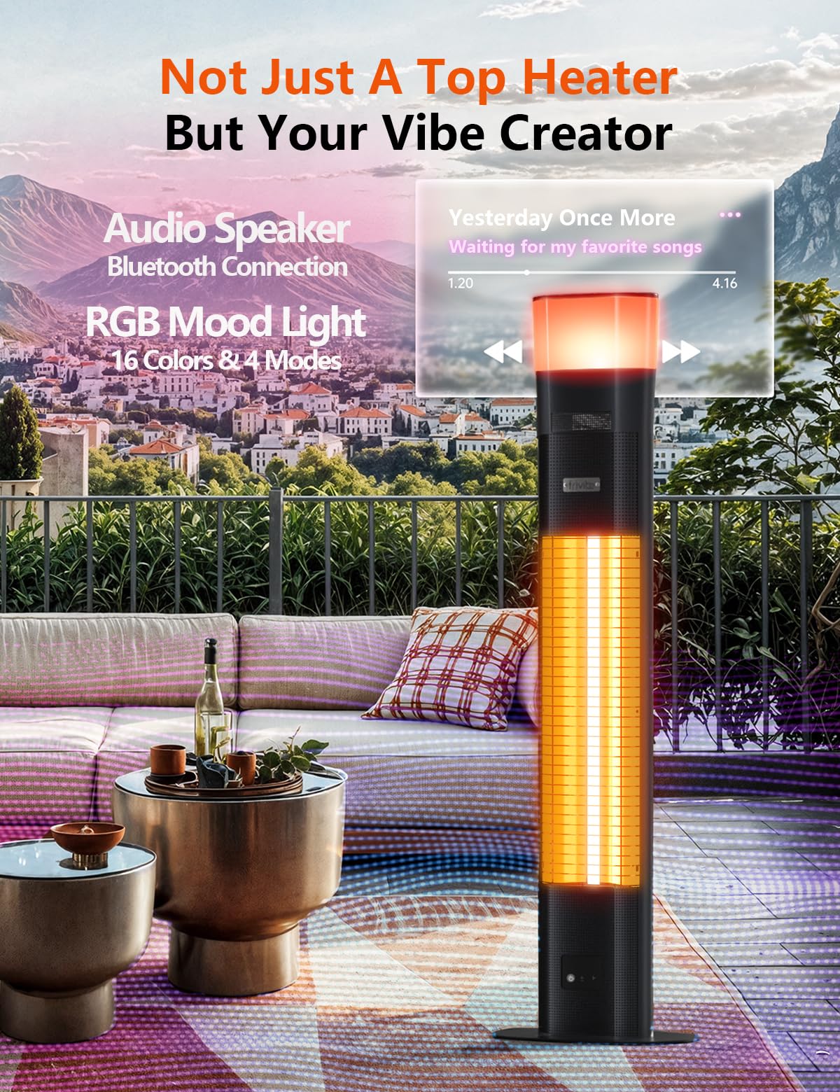 Frivibe outdoor heater with Bluetooth speaker and RGB lighting for evening gatherings.