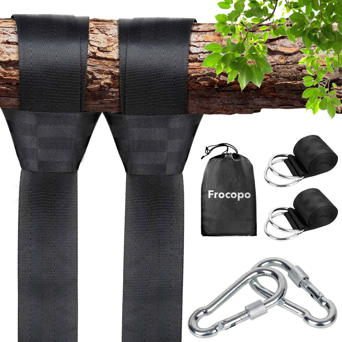 Frocopo tree swing kit in use on a sturdy branch, providing secure, smooth swings.