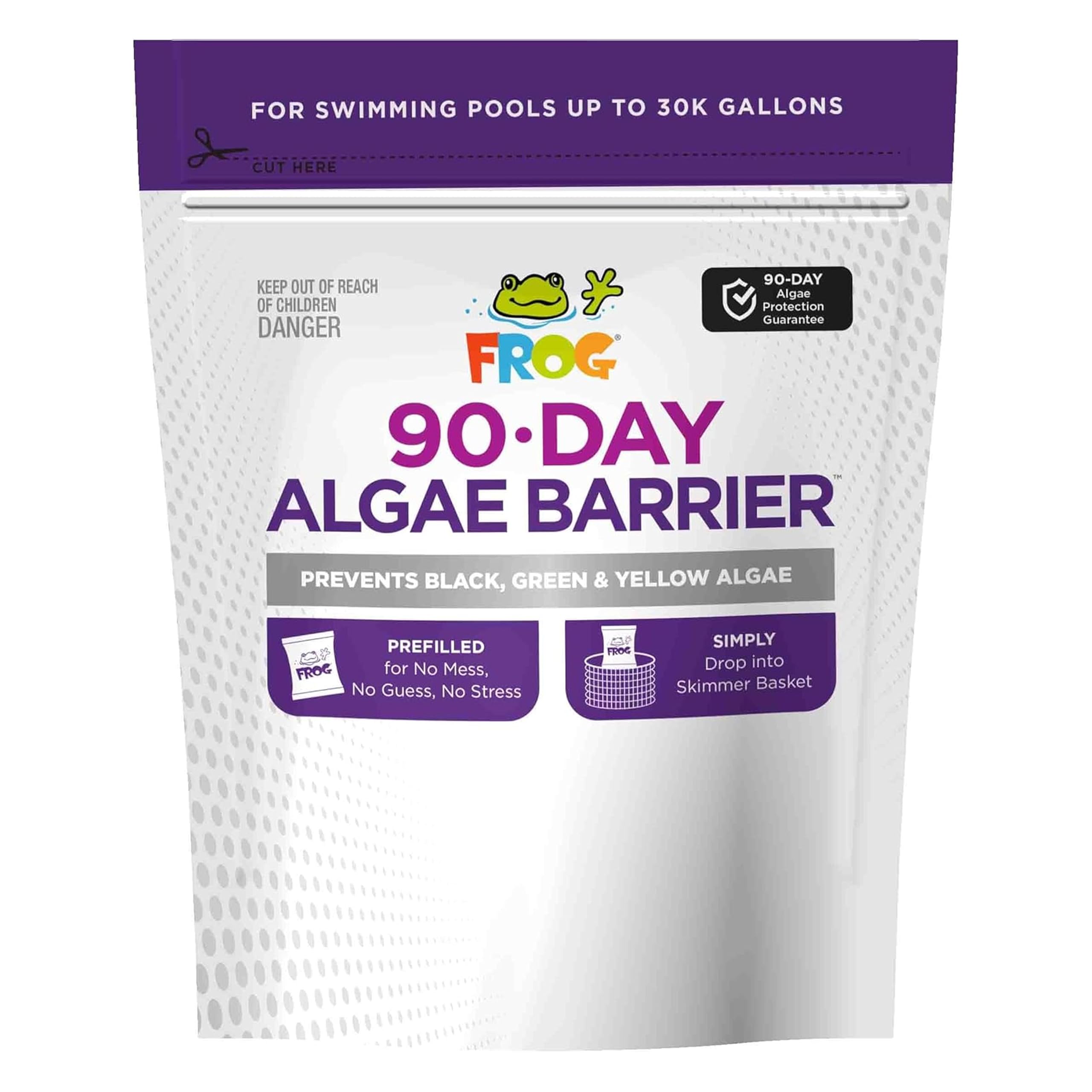 FROG 90-Day Algae Barrier pod in skimmer for effortless pool algae prevention.