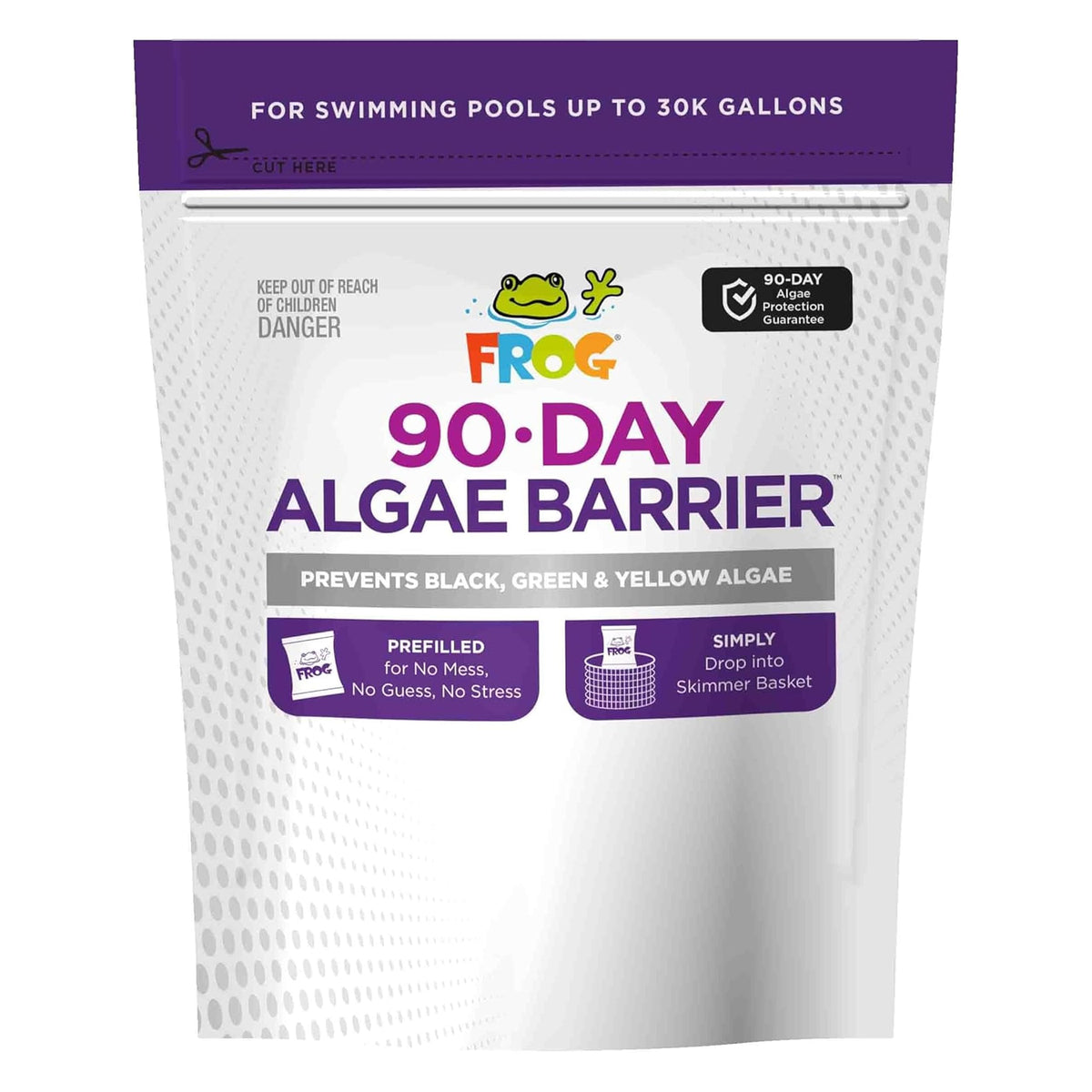 FROG 90-Day Algae Barrier pod in skimmer for effortless pool algae prevention.