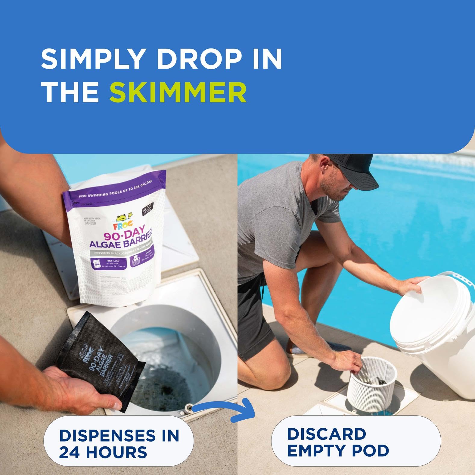 FROG above-ground pool setup with no-foam formula avoids fizz and staining.