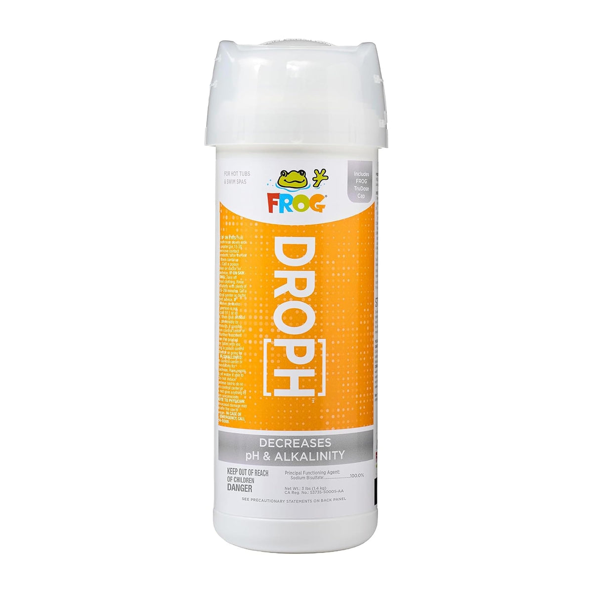 FROG DropH bottle-cap closeup showing spill-free TruDose dosing for easy balancing.
