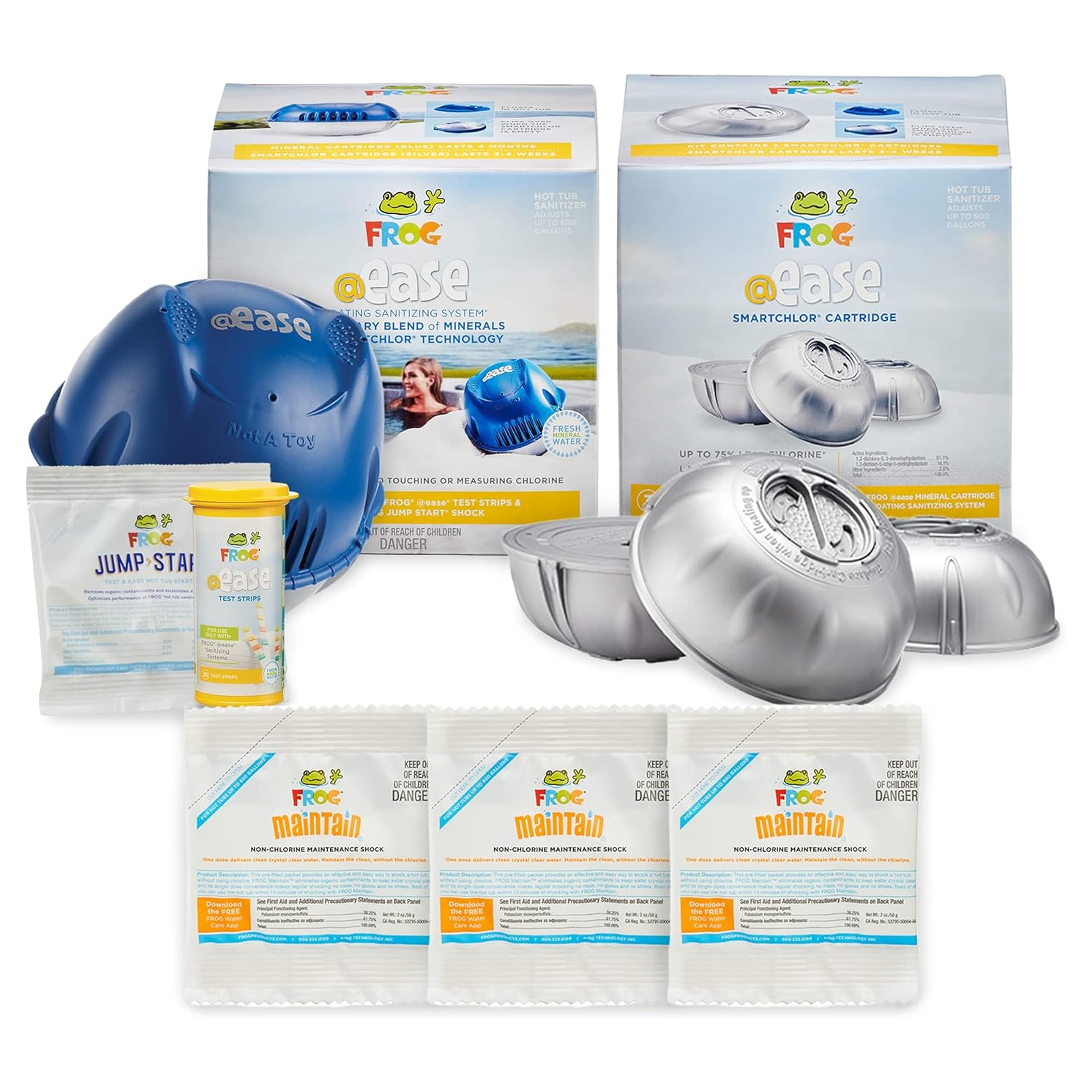 FROG @Ease floating system in hot tub maintains balanced water with mineral and SmartChlor technology.