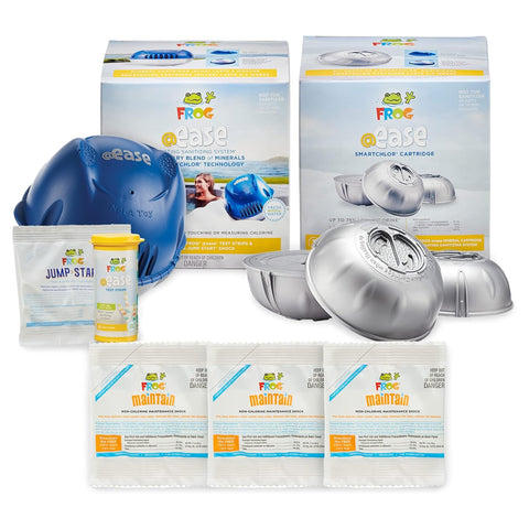 FROG @Ease floating system in hot tub maintains balanced water with mineral and SmartChlor technology.
