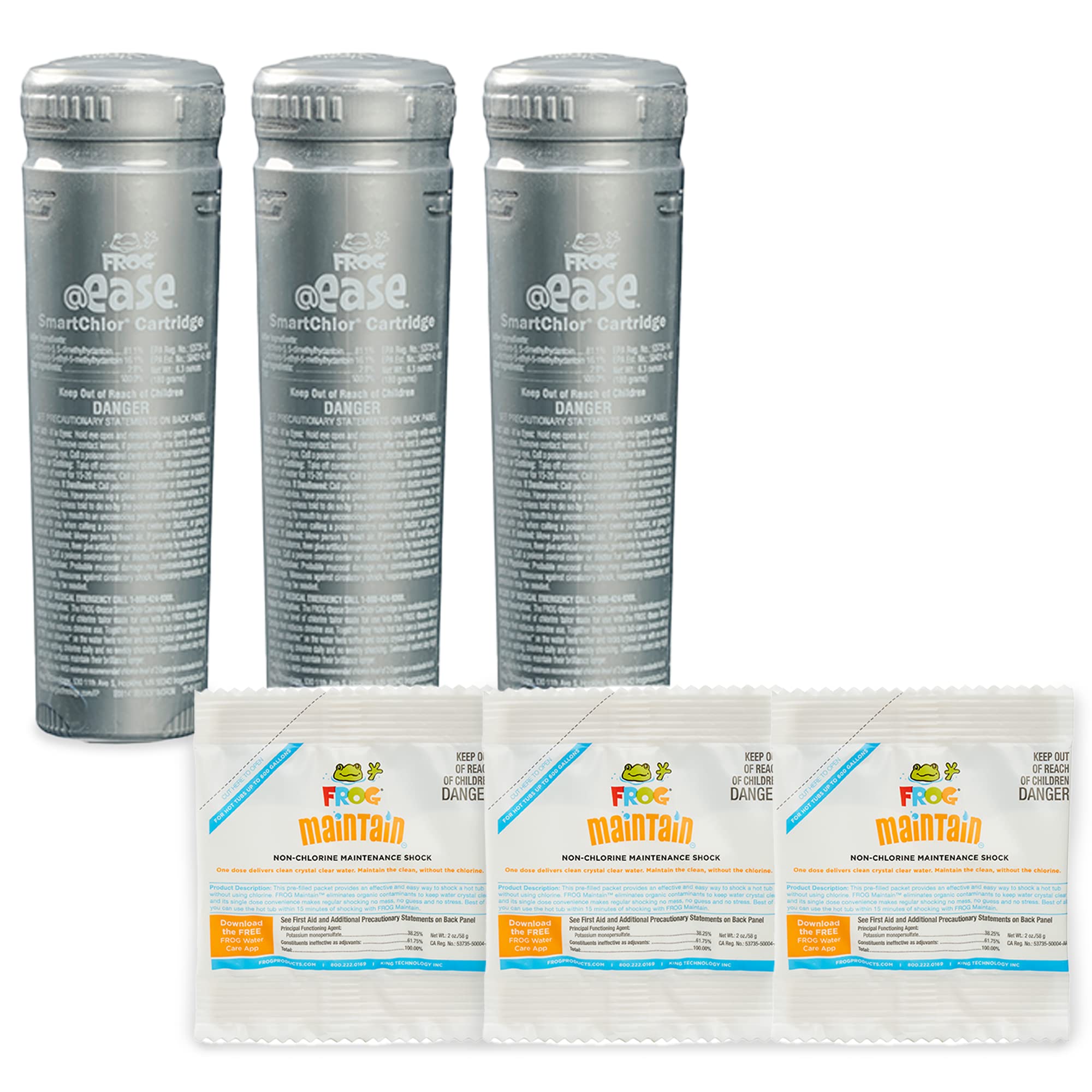 FROG @ease in-line bundle packaging with three cartridges for spa use.