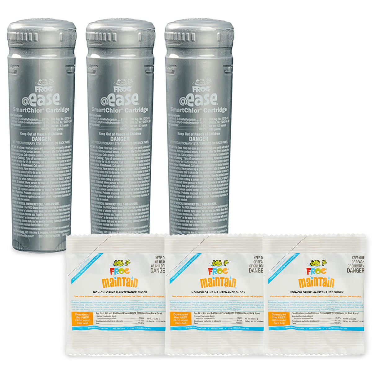 FROG @ease in-line bundle packaging with three cartridges for spa use.