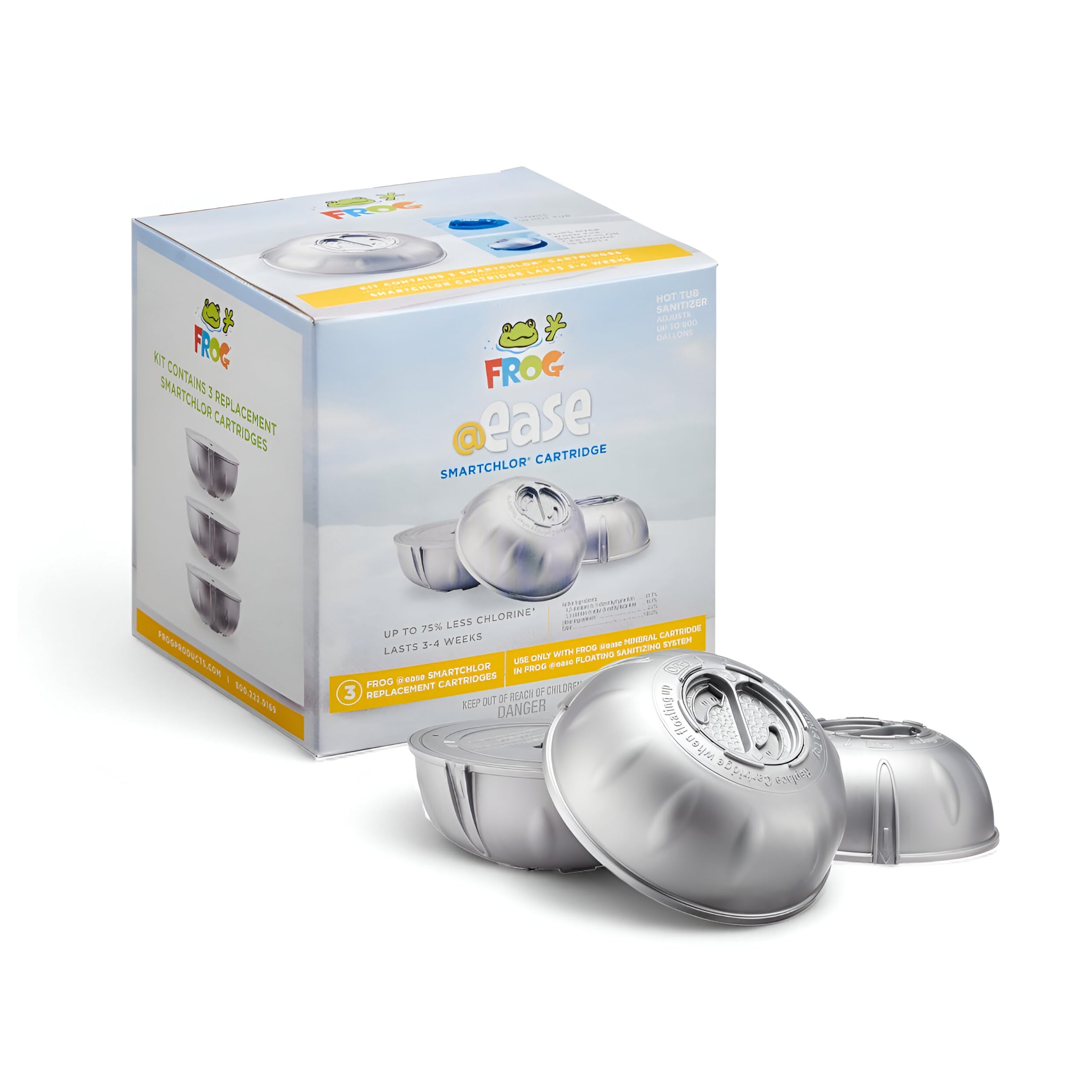 FROG @Ease SmartChlor cartridge 3-pack for hot tubs up to 600 gallons, easy replacement.
