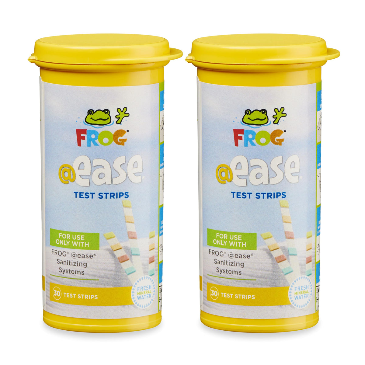 FROG EASE test strips bottle showing 60-count for easy home spa testing.