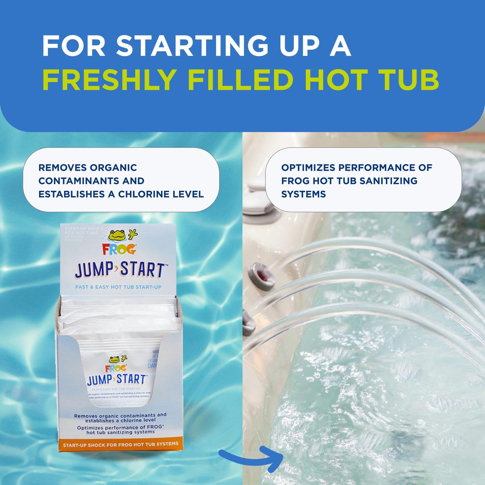 FROG Jump Start compatible with most hot tub chemicals for flexible care.